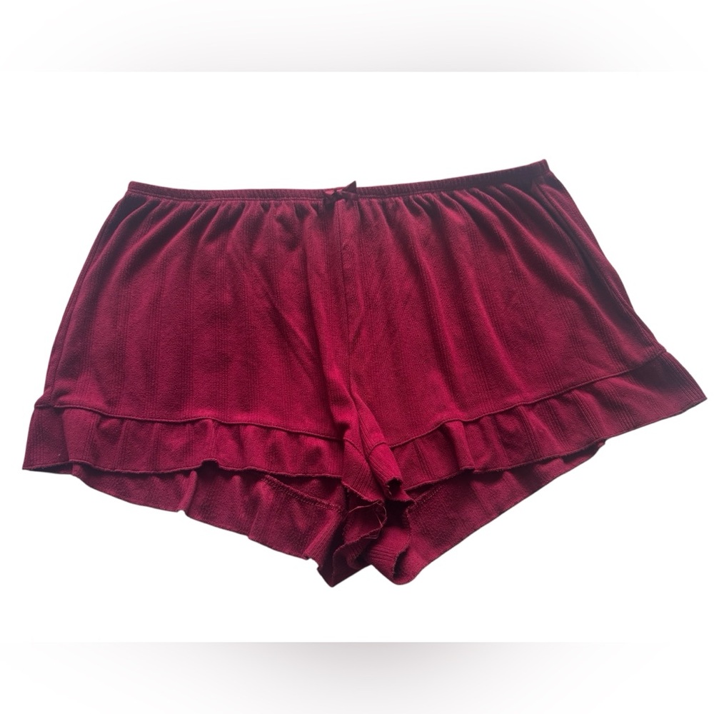 Wild Fable Pajama Set Burgundy Solid Button Down Shirt Ruffle Shorts Size Large - Picture 5 of 7